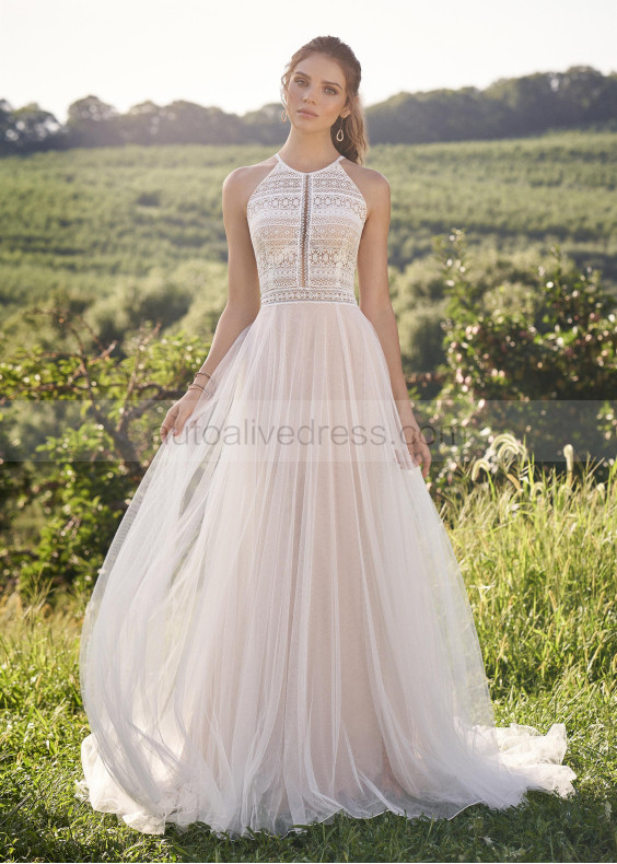 Jewel Neck Ivory Lace Tulle Illusion Bodice Wedding Dress